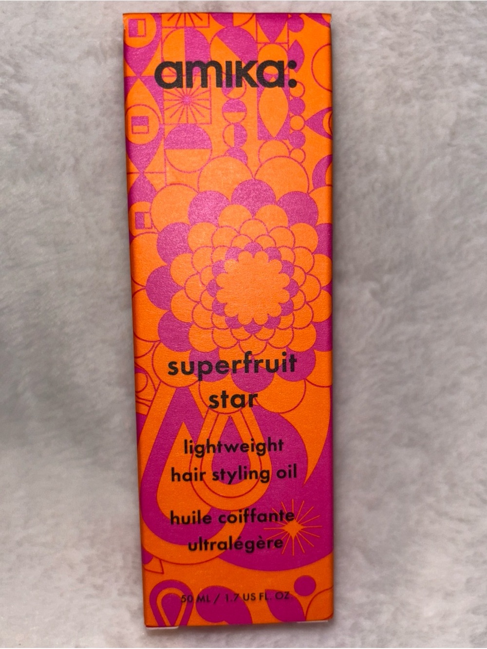 amika Superfruit Star Lightweight Hair Styling Oil — Orange & Pink Box